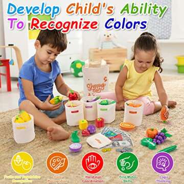 Sundaymot 69 PCS Wooden Play Food Toys, Shopping Play Toys with Canvas Tote & Sorting Bags, Pretend Toddler Toys Farmers Market Color Sorting Set with Wooden Fruits & Veggies, Play Kitchen Accessories