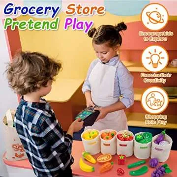 Sundaymot 69 PCS Wooden Play Food Toys, Shopping Play Toys with Canvas Tote & Sorting Bags, Pretend Toddler Toys Farmers Market Color Sorting Set with Wooden Fruits & Veggies, Play Kitchen Accessories