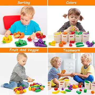 Sundaymot 69 PCS Wooden Play Food Toys, Shopping Play Toys with Canvas Tote & Sorting Bags, Pretend Toddler Toys Farmers Market Color Sorting Set with Wooden Fruits & Veggies, Play Kitchen Accessories