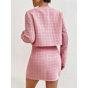 Floerns Women's 2 Piece Outfits Plaid Tweed Blazer Long Sleeve Jacket and Skirt Set Light Pink