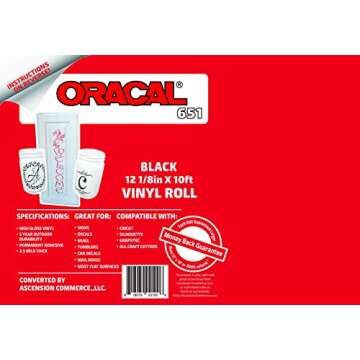 12.125" x 10ft Roll of Oracal 651 Black Craft Vinyl - On a 2.5" Core - Adhesive Vinyl for Cricut, Si...