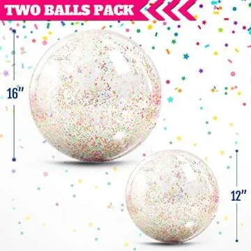Novelty Place Inflatable Clear Sports Beach Balls with Rainbow Sequin Glitter & Confetti - Summer Beach Pool Party Toy Volleyball Soccer Game & More - 2 Pcs Giant Value Pack (16 in & 12 in)
