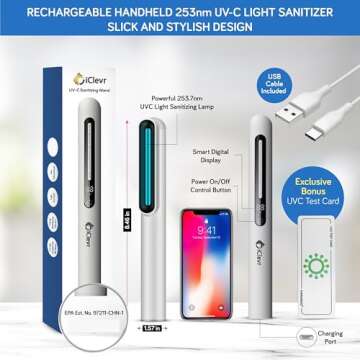 UV-C Light Sanitizer Wand - Powerful 253nm UV Light Rechargeable Handheld Ultraviolet Portable for H...