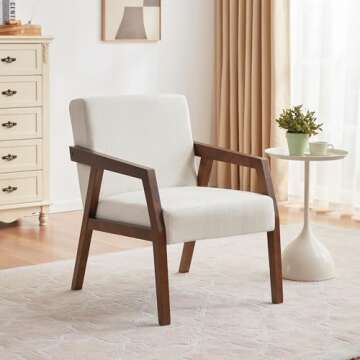 HUIMO Arm Chair Accent Chair, Wooden Mid-Century Modern Accent Chairs, Elegant Upholstered Lounge Chair for Living Room, Bedroom, Linen Fabric Padded Reading Chair, Side Chair (White)