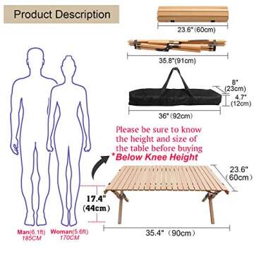 Benewin Folding Wood Table- Portable Outdoor Indoor All-Purpose Foldable Picnic Table, Cake Roll Woo...