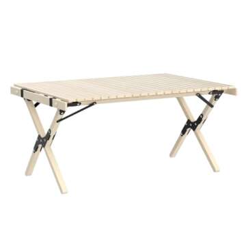 Benewin Folding Wood Table- Portable Outdoor Indoor All-Purpose Foldable Picnic Table, Cake Roll Wooden Table in a Bag for Picnic, Camping, Travel, Beach, Tailgating, Patio, Garden BBQ