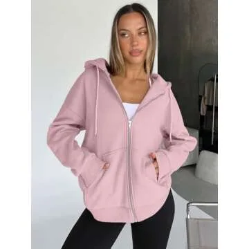 Trendy Queen Womens Zip Up Hoodies Oversized Sweatshirts Fall Fashion Outfits Casual Jackets 2025 Winter Clothes Pale Pink L