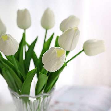 Kisflower 30Pcs Latex Tulips - Real Touch White Flower Arrangement Bouquet for All Occasions