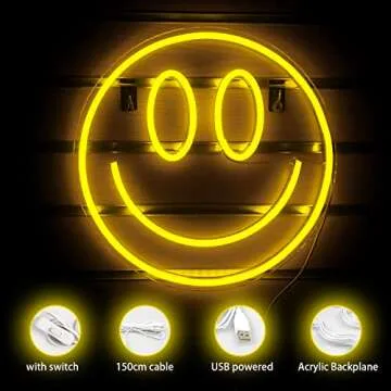 Smile Face Neon Sign Led Neon Light Wall Decor Smile Face Light Up Signs USB Powered Yellow Neon Signs for Bedroom Kids Room Wedding Party Decoration