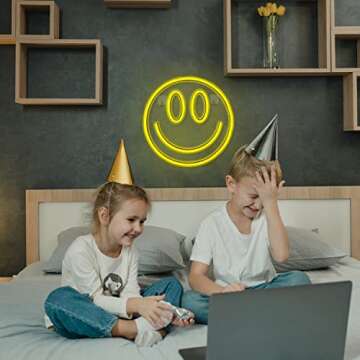 Smile Face Neon Sign Led Neon Light Wall Decor Smile Face Light Up Signs USB Powered Yellow Neon Signs for Bedroom Kids Room Wedding Party Decoration