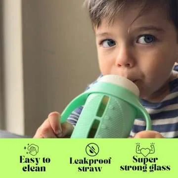 The Minis - Set of 2 - Glass Sippy Cup for Toddlers - 5oz | Spill-Proof | Silicone Straw | Mint Green & Indigo Purple | Liquids Never Touch Plastic