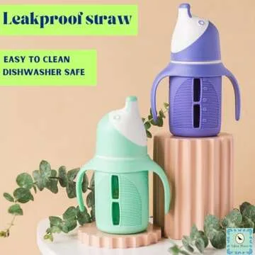 The Minis - Set of 2 - Glass Sippy Cup for Toddlers - 5oz | Spill-Proof | Silicone Straw | Mint Green & Indigo Purple | Liquids Never Touch Plastic