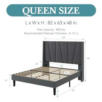 HOOMIC Queen Size Platform Bed Frame with Geometric Wingback Headboard, Wooden Slats Support, No Box Spring Needed, Modern Style in Dark Grey