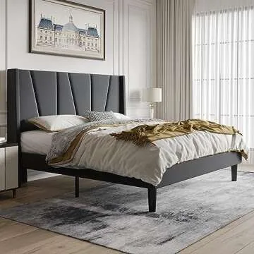 HOOMIC Queen Size Platform Bed Frame with Geometric Wingback Headboard, Wooden Slats Support, No Box Spring Needed, Modern Style in Dark Grey