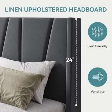 HOOMIC Queen Size Platform Bed Frame with Geometric Wingback Headboard, Wooden Slats Support, No Box Spring Needed, Modern Style in Dark Grey