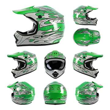 TCMT Dot Youth & Kids Motocross Offroad Street Helmet Green Flame Motorcycle Youth Helmet Dirt Bike ...
