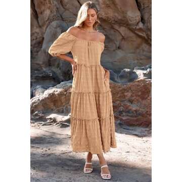 PRETTYGARDEN Summer Long Dresses for Women Short Sleeve Square Neck Ruffle Tiered Flowy Casual Cute Boho Beach Maxi Dress (Light Khaki,Medium)