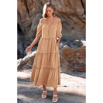 PRETTYGARDEN Summer Long Dresses for Women Short Sleeve Square Neck Ruffle Tiered Flowy Casual Cute Boho Beach Maxi Dress (Light Khaki,Medium)