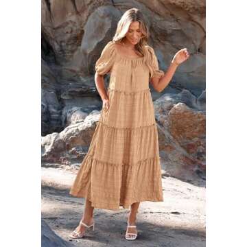 PRETTYGARDEN Summer Long Dresses for Women Short Sleeve Square Neck Ruffle Tiered Flowy Casual Cute Boho Beach Maxi Dress (Light Khaki,Medium)