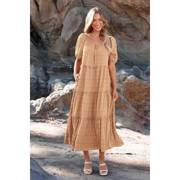 PRETTYGARDEN Summer Long Dresses for Women Short Sleeve Square Neck Ruffle Tiered Flowy Casual Cute Boho Beach Maxi Dress (Light Khaki,Medium)