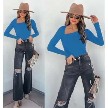 REORIA Women's Casual Classy Asymmetrical Neck Long Sleeve Ribbed Slimming Thong Leotards Bodysuit Tops Blue Medium
