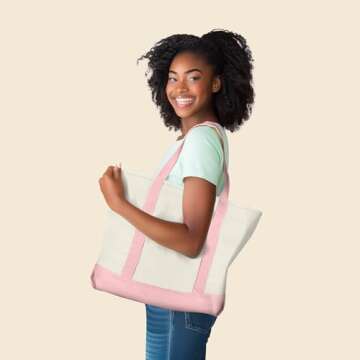 DALIX 22" Extra Large Cotton Canvas Zippered Shopping Tote Bag in Pink