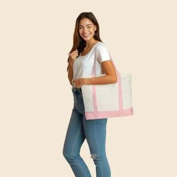 DALIX 22" Extra Large Cotton Canvas Zippered Shopping Tote Bag in Pink