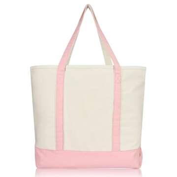 DALIX 22" Extra Large Cotton Canvas Zippered Shopping Tote Bag in Pink