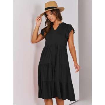 Prinbara Womens Summer Casual Midi Dresses Ruffle Sleeve V Neck 2025 Spring Flowy Tiered A-Line Boho Beach Vacation Sundress Black X-Large