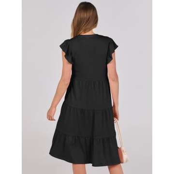 Prinbara Womens Summer Casual Midi Dresses Ruffle Sleeve V Neck 2025 Spring Flowy Tiered A-Line Boho Beach Vacation Sundress Black X-Large