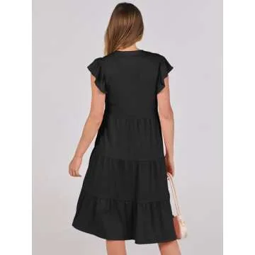 Prinbara Womens Summer Casual Midi Dresses Ruffle Sleeve V Neck 2025 Spring Flowy Tiered A-Line Boho Beach Vacation Sundress Black X-Large