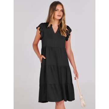 Prinbara Womens Summer Casual Midi Dresses Ruffle Sleeve V Neck 2025 Spring Flowy Tiered A-Line Boho Beach Vacation Sundress Black X-Large