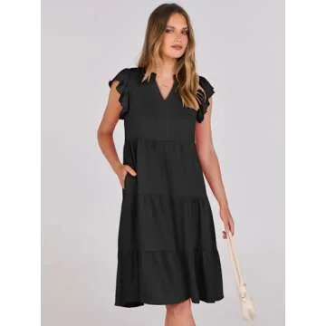 Prinbara Womens Summer Casual Midi Dresses Ruffle Sleeve V Neck 2025 Spring Flowy Tiered A-Line Boho Beach Vacation Sundress Black X-Large