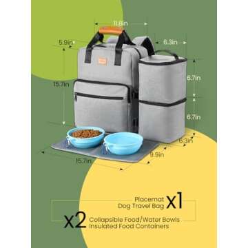 Dog Travel Bag, Airline Approved Organizer Backpack with Multi-Function Pockets, 25L Accessories Set with 2 Food Storage Containers, 2 Foldable Bowls for Weekend