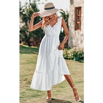 PRETTYGARDEN Women's Cross Neck Summer Sleeveless Tiered Maxi Dress Beach Tie Strap Smocked Long Dresses Pleated Sundress (White,Medium)