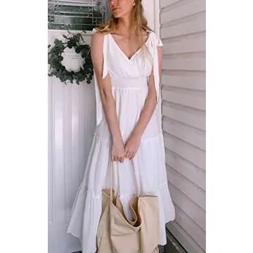 PRETTYGARDEN Women's Cross Neck Summer Sleeveless Tiered Maxi Dress Beach Tie Strap Smocked Long Dresses Pleated Sundress (White,Medium)