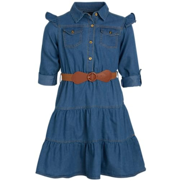 Dollhouse Girls' Casual Denim Dress - Long Sleeve Button Down Jean Dress