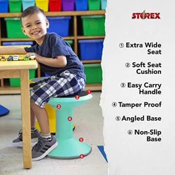 Storex Wiggle Stool – Active Flexible Seating for Classroom and Home Study, Adjustable 12-18 Inch Height, Teal (00306U01C)