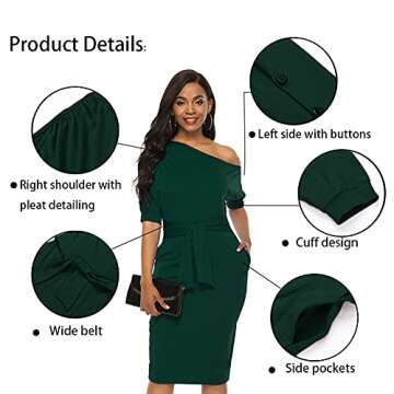 Nature Comfy Elegant Womens Wear to Work Casual one Shoulder Belted Pencil Dress with Pockets, Dark Green, XX-Large