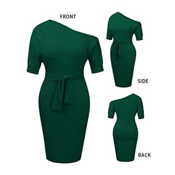 Nature Comfy Elegant Womens Wear to Work Casual one Shoulder Belted Pencil Dress with Pockets, Dark Green, XX-Large