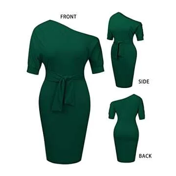 Nature Comfy Elegant Womens Wear to Work Casual one Shoulder Belted Pencil Dress with Pockets, Dark Green, XX-Large