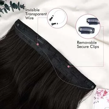REECHO Invisible Wire Hair Extensions with Transparent Headband Adjustable Size Removable Secure Clips in Curly Wavy Secret Hairpiece for Women 20 Inch - Black Brown