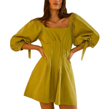 Wanzetaly Womens Summer Mini Dress Casual 1/2 Lantern Sleeve Pleated Ruffle Backless Loose Tunic Dress with Pockets(0456-Green-XL)