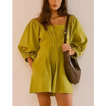 Wanzetaly Womens Summer Mini Dress Casual 1/2 Lantern Sleeve Pleated Ruffle Backless Loose Tunic Dress with Pockets(0456-Green-XL)