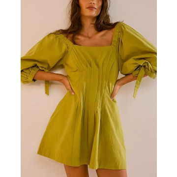 Wanzetaly Womens Summer Mini Dress Casual 1/2 Lantern Sleeve Pleated Ruffle Backless Loose Tunic Dress with Pockets(0456-Green-XL)