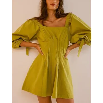 Wanzetaly Womens Summer Mini Dress Casual 1/2 Lantern Sleeve Pleated Ruffle Backless Loose Tunic Dress with Pockets(0456-Green-XL)