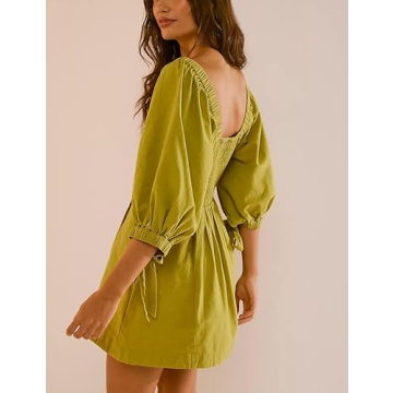 Wanzetaly Womens Summer Mini Dress Casual 1/2 Lantern Sleeve Pleated Ruffle Backless Loose Tunic Dress with Pockets(0456-Green-XL)
