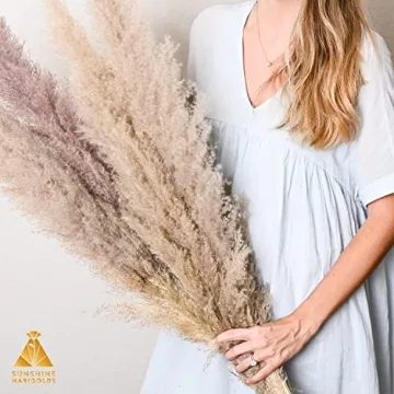 Kleantoolz Sunshine Marigolds Pampas Grass Decor Tall Jumbo Extra-Fluffy Pompas Plumes Faux Pampas Grass Boho Home Decor Pompous Grass - Six (6) Tall Stems 4ft Long (48") - Gray