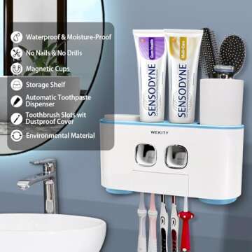 Toothbrush Holder Wall Mounted, WEKITY Multi-Functional Toothbrush and Toothpaste Dispenser for Bath...