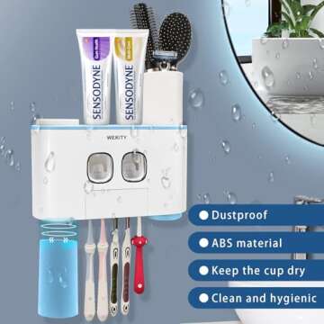 Toothbrush Holder Wall Mounted, WEKITY Multi-Functional Toothbrush and Toothpaste Dispenser for Bathroom, with 5 Toothbrush Slots, 2 Toothpaste Squeezers and 4 Cups(Blue)